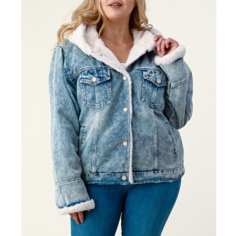 SOLD OUT Plus Denim Ivory Sherpa Faux Fur Hood Jean Jacket - Picture 5 of 5